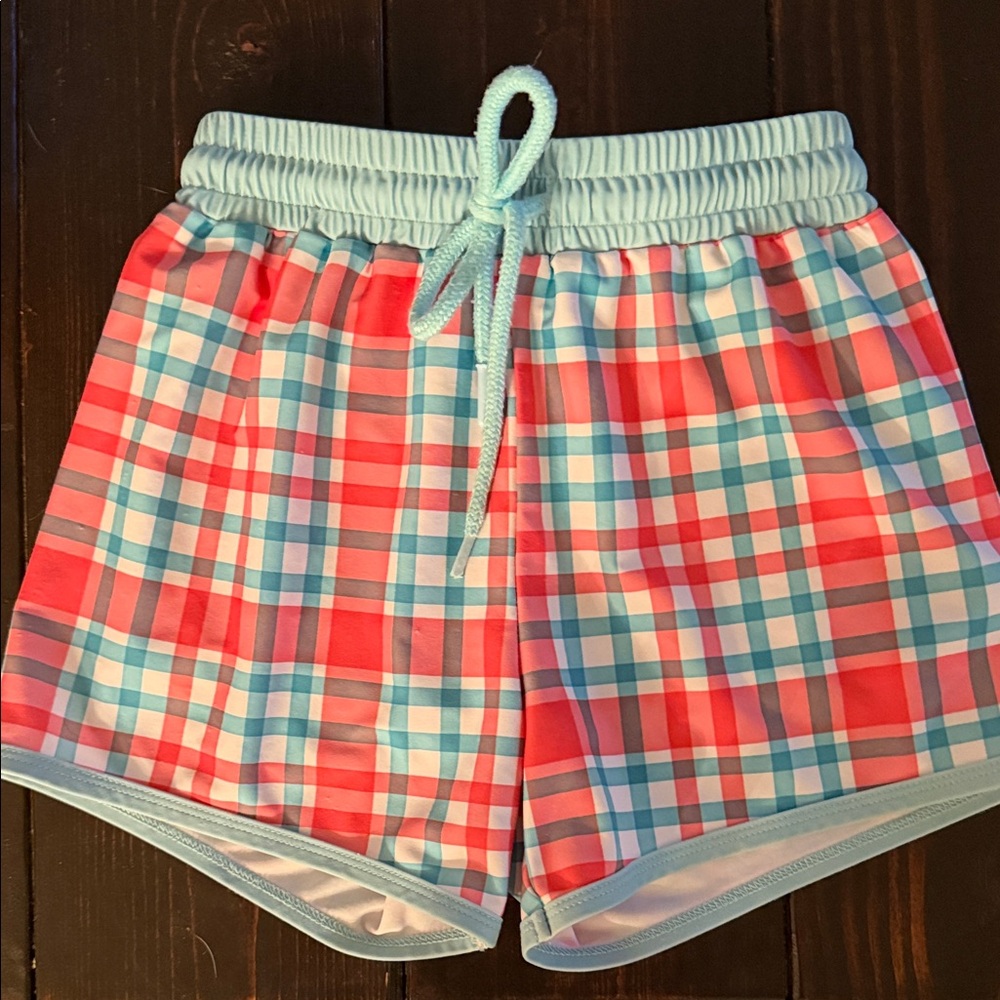 Magnolia Kids Plaid Swim Trunks - Red and Light Blue